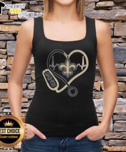 New Orleans Saints tank top featuring stethoscope headphones, perfect for fans showcasing team spirit and style.