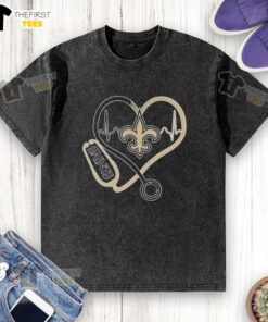 Alt Text: Top Love New Orleans Saints Stethoscope Headphones Fans Washed T-Shirt for NFL enthusiasts
