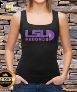 Alt Text: Top LSU Tigers Records vinyl disc logo tank top featuring vibrant colors and classic design for fans.