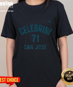 Top Macklin Celebrini San Jose Sharks ice hockey ladies tee featuring name and number 71 in vibrant colors.