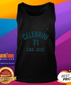 Alt Text: Top Macklin Celebrini San Jose Sharks ice hockey tank top featuring name and number 71 design.