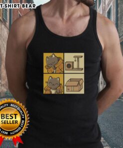 Playful cat wearing a trendy tank top featuring popular meme designs, perfect for meme lovers and cat enthusiasts.
