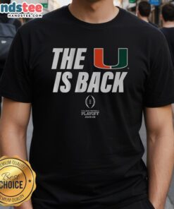 Top Miami Football 2025 CFP 'The U Is Back' T-Shirt featuring vibrant team colors and logo for fans.