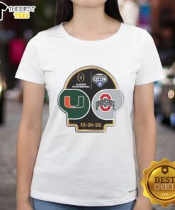 Alt Text: 2025 CFP Goodyear Cotton Bowl logo featuring Miami Hurricanes vs Ohio State Buckeyes on a ladies tee design.