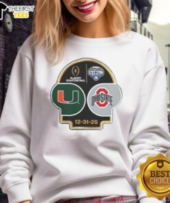 Alt Text: 2025 CFP Goodyear Cotton Bowl logo sweatshirt featuring Miami Hurricanes vs Ohio State Buckeyes design.