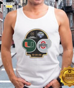 Top Miami Hurricanes vs Ohio State Buckeyes 2025 CFP Goodyear Cotton Bowl logo tank top design for fans.