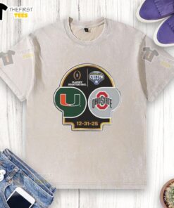 Top Miami Hurricanes vs Ohio State Buckeyes 2025 CFP Goodyear Cotton Bowl logo on a washed t-shirt design.