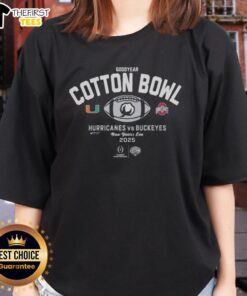 2025 Goodyear Cotton Bowl tee featuring Miami Hurricanes vs Ohio State Buckeyes design for ladies.