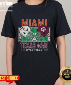 Top Miami Hurricanes vs Texas A&M Aggies NCAA Kyle Field 2025 helmet ladies tee showcasing team spirit and style.