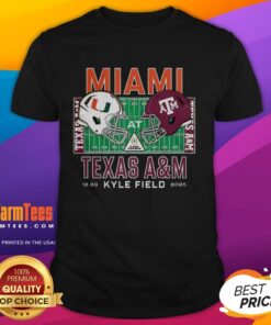 Top Miami Hurricanes Vs Texas A&M Aggies NCAA Kyle Field 2025 Helmet T-Shirt showcasing team logos and vibrant design.