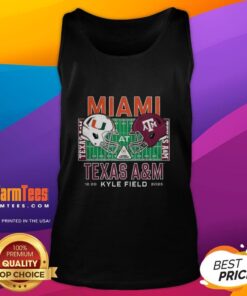 Alt Text: Top Miami Hurricanes vs Texas A&M Aggies NCAA 2025 tank top featuring team helmets at Kyle Field.