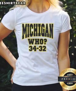 Top Michigan Who 34-32 ladies tee featuring stylish design, perfect for fans showing team pride.
