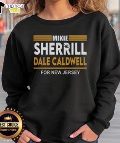 Top Mikie Sherrill Dale Caldwell sweatshirt showcasing New Jersey political stripes in vibrant colors.