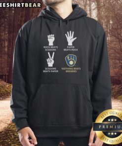 Milwaukee Brewers hoodie featuring 'Nothing Beats Rock, Beats Scissors, Paper Beats Rock, Scissors Beats Paper' design.