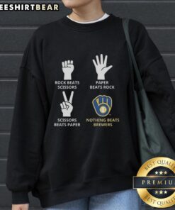 Top Milwaukee Brewers sweatshirt featuring 'Nothing Beats Rock, Paper, Scissors Beats Rock' design for fans.