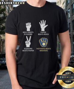 Top Milwaukee Brewers T-shirt featuring 'Nothing Beats Rock, Paper, Scissors' design in team colors.