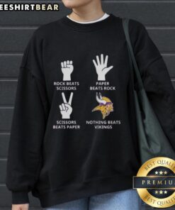 Cozy Minnesota Vikings sweatshirt featuring 'Nothing Beats Rock, Scissors, Paper Beats Rock, Scissors Beats Paper' design.