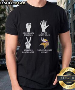 Top Minnesota Vikings T-shirt featuring 'Nothing Beats Rock Beats Scissors Paper Beats Rock Scissors Beats Paper' design.