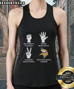 Top Minnesota Vikings tank top featuring a fun design: Rock beats scissors, paper beats rock, scissors beats paper.