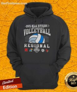 2025 NCAA Division I Women's Volleyball Regionals hoodie featuring Nebraska, Kansas, Texas A&M, and Louisville logos.