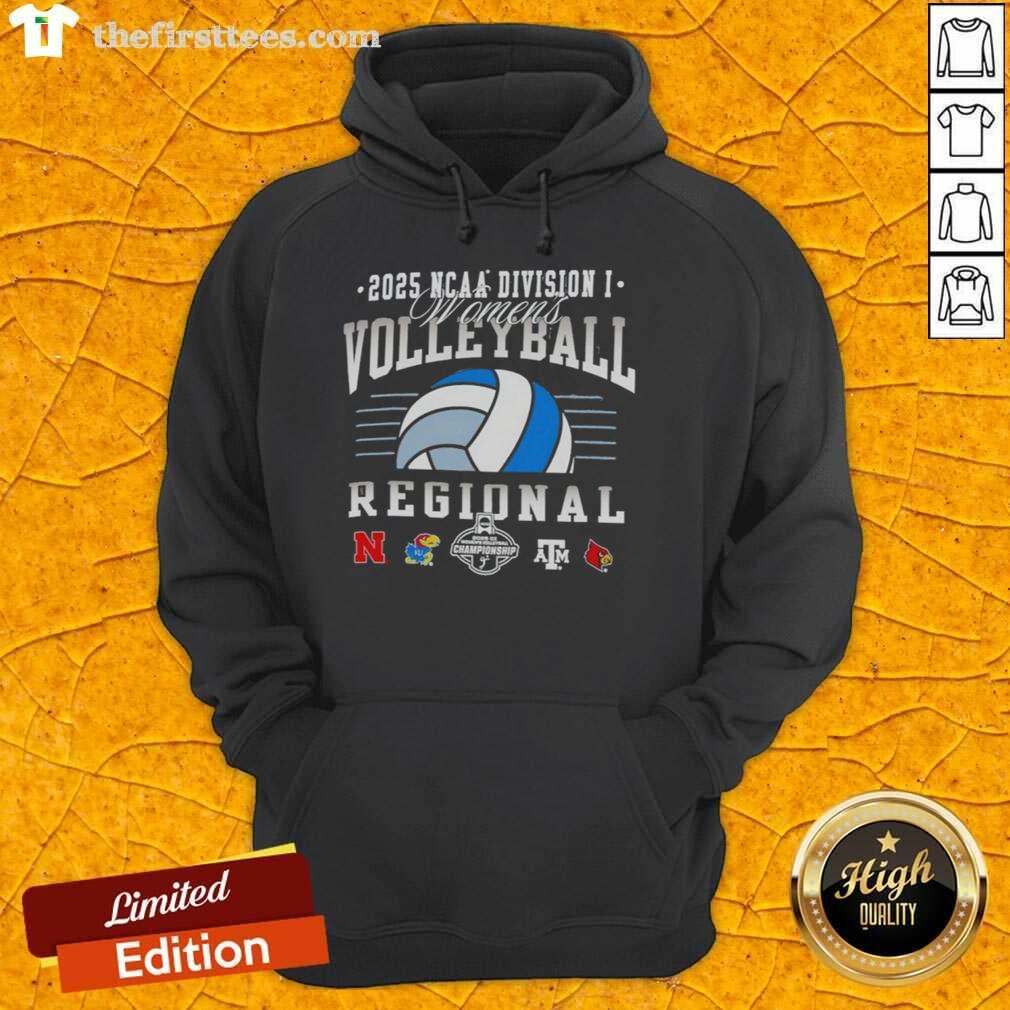 top-ncaa-division-i-womens-volleyball-regionals-2025-nebraska-kansas-texas-am-and-louisville-hoodie 2025 NCAA Division I Women's Volleyball Regionals hoodie featuring Nebraska, Kansas, Texas A&M, and Louisville logos.