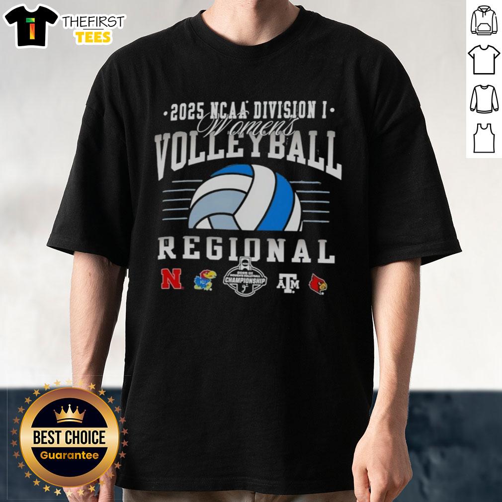 top-ncaa-division-i-womens-volleyball-regionals-2025-nebraska-kansas-texas-am-and-louisville-t-shirt Top NCAA Division I Women's Volleyball Regionals 2025 T-shirt featuring Nebraska, Kansas, Texas A&M, and Louisville logos.