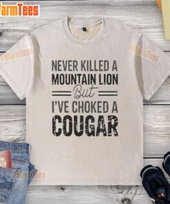 Top Never Killed A Mountain But Lion T-Shirt featuring a graphic of a cougar, perfect for outdoor enthusiasts and animal lovers.