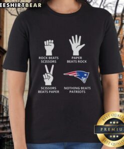 Top New England Patriots ladies tee featuring 'Rock, Paper, Scissors' design, perfect for game day fans.