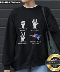 Alt Text: Top New England Patriots sweatshirt featuring a fun Rock, Paper, Scissors design for fans and gamers.
