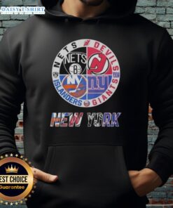 Alt Text: Top New Jersey Devils Brooklyn Nets New York Islanders mashup logo hoodie design showcasing team logos.