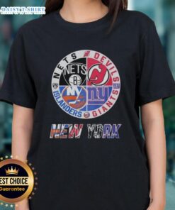 Top New Jersey Devils Brooklyn Nets New York Islanders mashup logo on a ladies tee, perfect for sports fans.