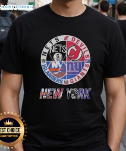 Alt Text: Top New Jersey Devils Brooklyn Nets New York Islanders mashup logo t-shirt showcasing team logos in a stylish design.