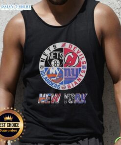 Stylish tank top featuring a mashup logo of New Jersey Devils, Brooklyn Nets, and New York Islanders for sports fans.