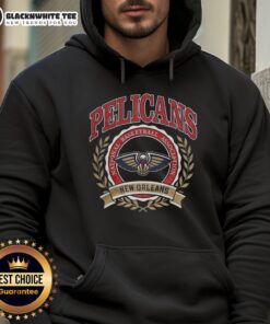 Retro New Orleans Pelicans NBA logo hoodie with laurel wreath frame, perfect for fans and stylish sportswear enthusiasts.