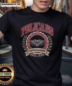 Retro New Orleans Pelicans NBA logo t-shirt with laurel wreath frame, perfect for basketball fans and collectors.