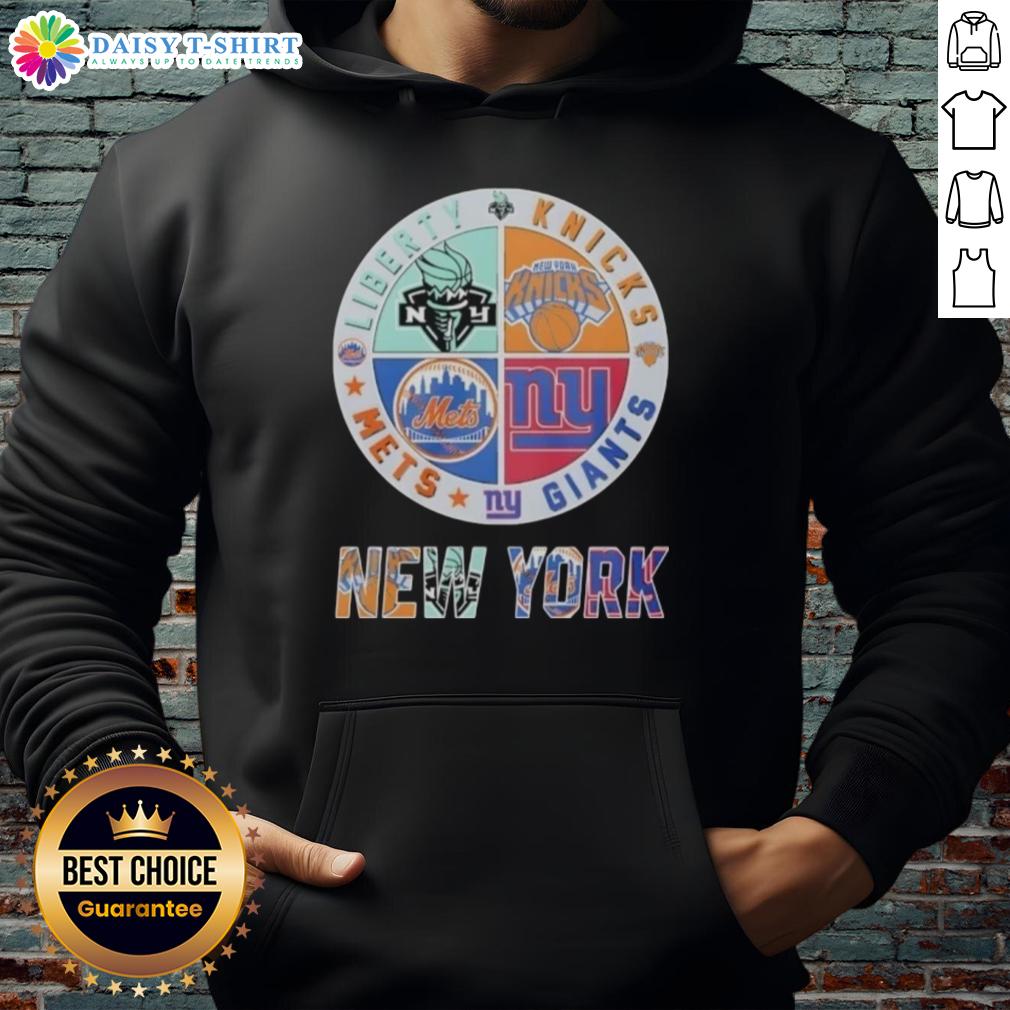 Top New York Giants New York Mets New York Knicks New York Libert Mashup Logo Hoodie Alt Text: Mashup logo hoodie featuring New York Giants, Mets, Knicks, and Liberty - perfect for NYC sports fans.