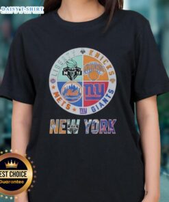 Top New York Giants, Mets, Knicks, and Liberty mashup logo on a ladies tee, showcasing NYC sports team pride.