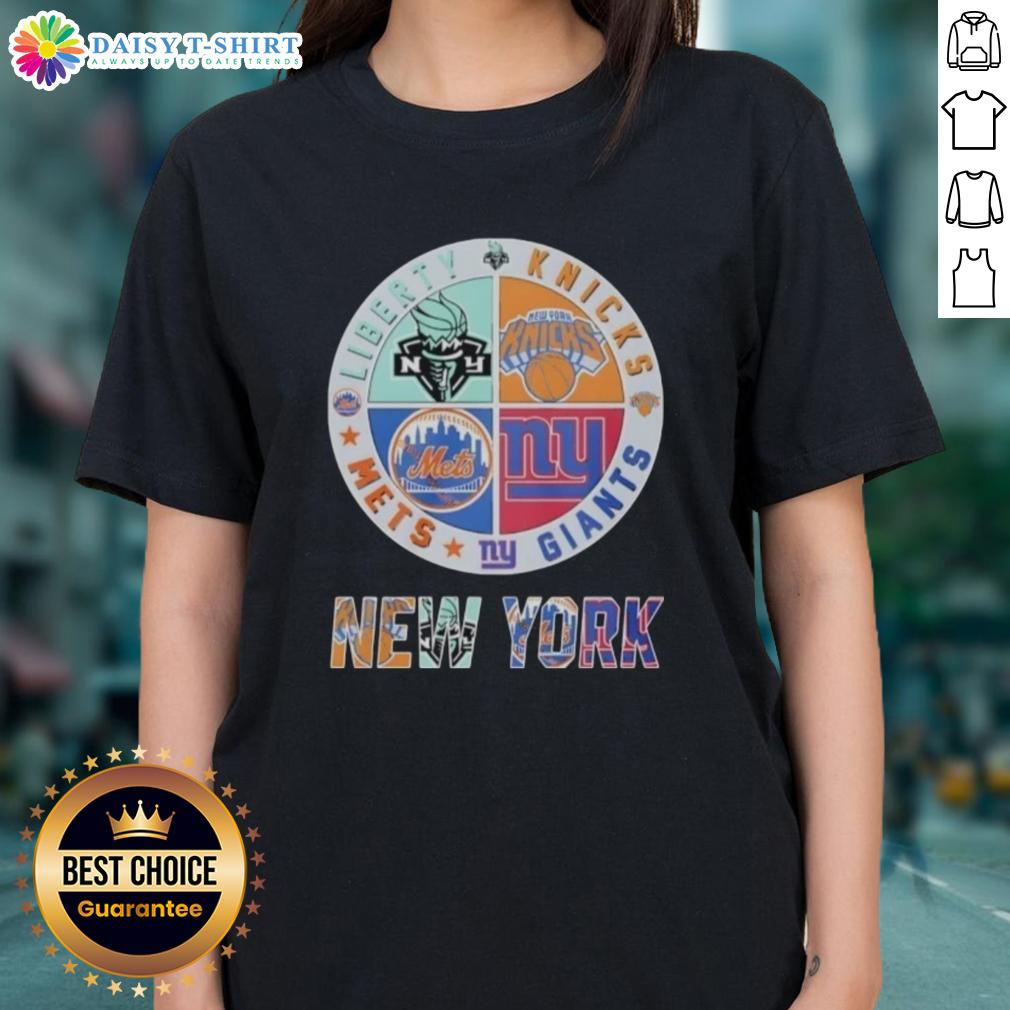 Top New York Giants New York Mets New York Knicks New York Libert Mashup Logo Ladies-Tee Top New York Giants, Mets, Knicks, and Liberty mashup logo on a ladies tee, showcasing NYC sports team pride.