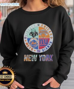 Top New York Giants, Mets, Knicks, and Liberty mashup logo sweatshirt showcasing iconic NYC sports teams.
