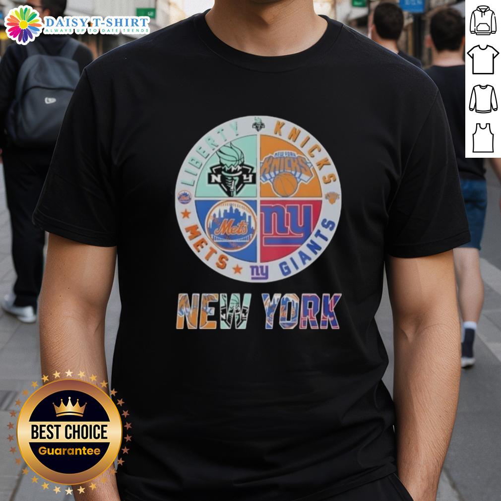 Top New York Giants New York Mets New York Knicks New York Libert Mashup Logo T-Shirt Alt Text: Top New York Giants, Mets, Knicks, and Liberty mashup logo T-shirt design for sports fans.