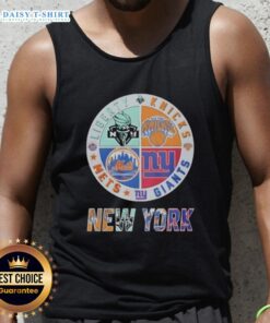 Alt Text: Top New York Giants, Mets, Knicks, and Liberty mashup logo tank top for sports fans in New York.