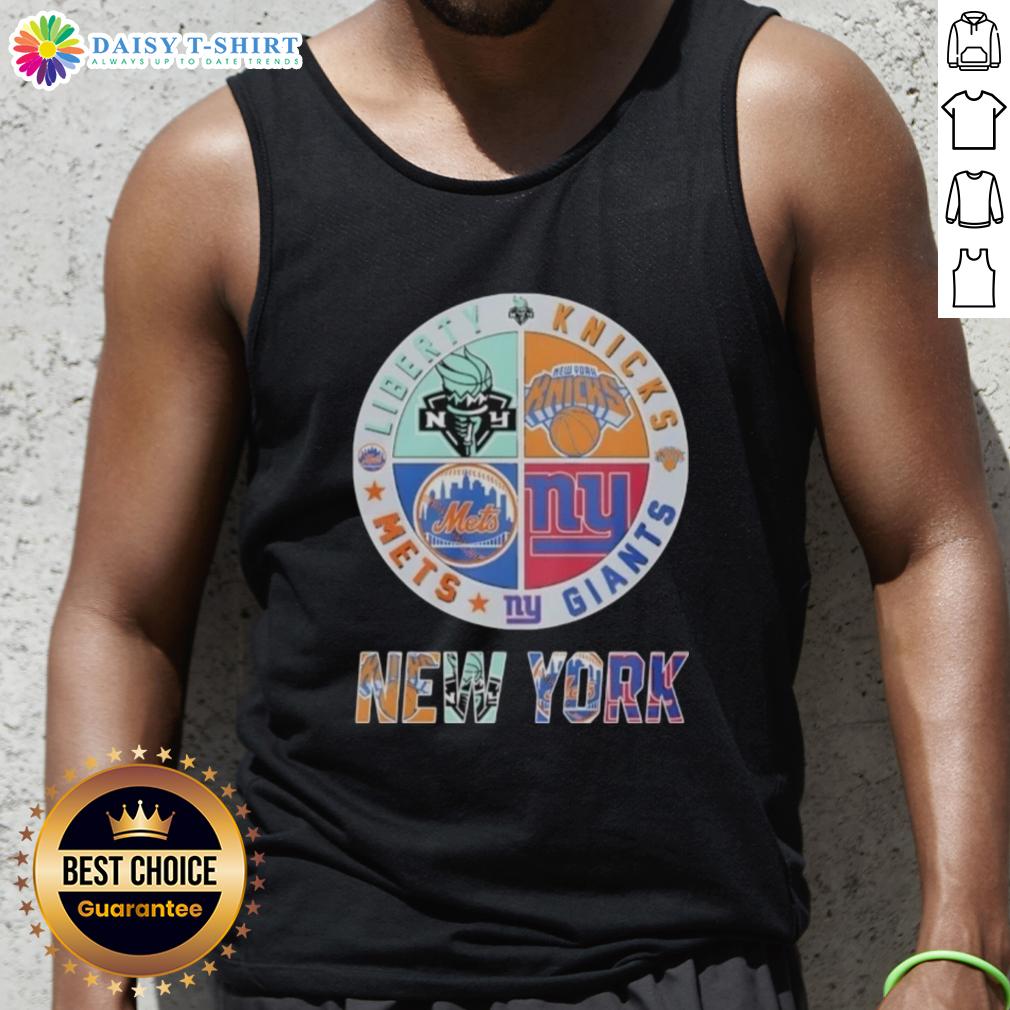 Top New York Giants New York Mets New York Knicks New York Libert Mashup Logo Tank Top Alt Text: Top New York Giants, Mets, Knicks, and Liberty mashup logo tank top for sports fans in New York.