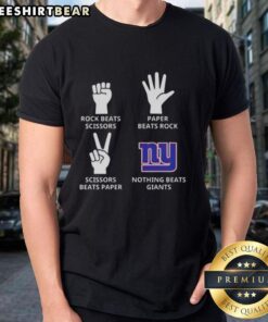 Alt Text: Top New York Giants T-shirt featuring 'Rock Beats Scissors, Paper Beats Rock, Scissors Beats Paper' design.