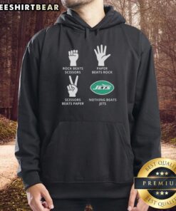 Top New York Jets hoodie featuring 'Nothing Beats Rock, Paper, Scissors' design, perfect for fans and game day wear.