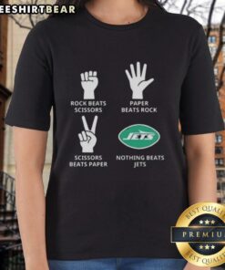 Top New York Jets ladies tee featuring 'Nothing Beats Rock, Scissors, Paper Beats Rock, Scissors Beats Paper' design.