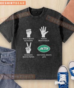 Top New York Jets washed t-shirt featuring a fun 'Rock, Paper, Scissors' design for fans and sports enthusiasts.