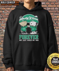 Alt Text: Top New York Jets x Charlie Brown vs Snoopy hoodie featuring 'Forever Not Just When We Win' design.