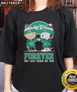 New York Jets x Charlie Brown & Snoopy ladies tee featuring 'Forever Not Just When We Win' design for fans.