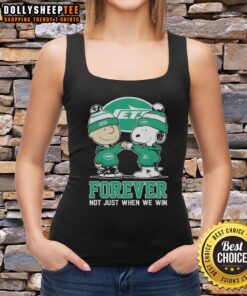 Alt Text: New York Jets x Charlie Brown Vs Snoopy Forever tank top showcasing team spirit and classic cartoon characters.