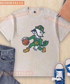 Alt Text: Top Notre Dame Leprechaun mascot logo on a washed t-shirt, showcasing vibrant colors and classic Irish design.